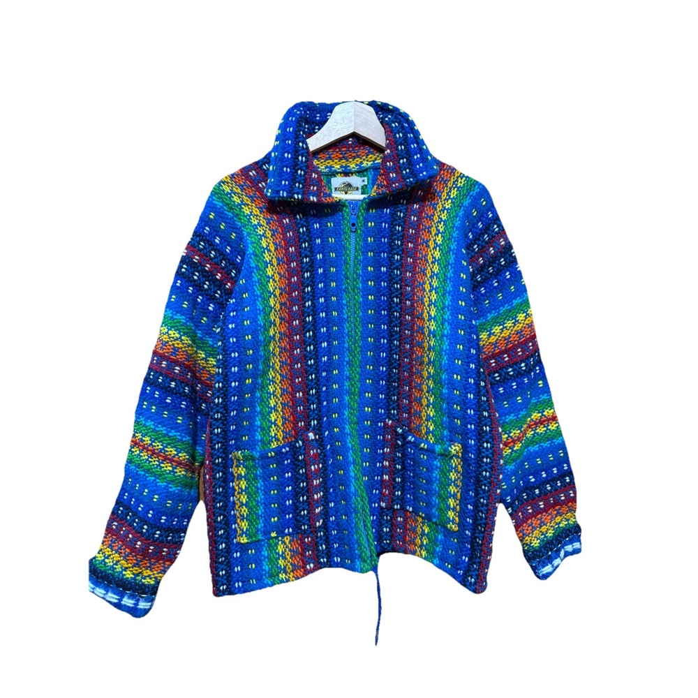 Vintage Earth Ragz‎ Multicolor 100% Wool Full Zip Jacket Handmade Pockets Medium